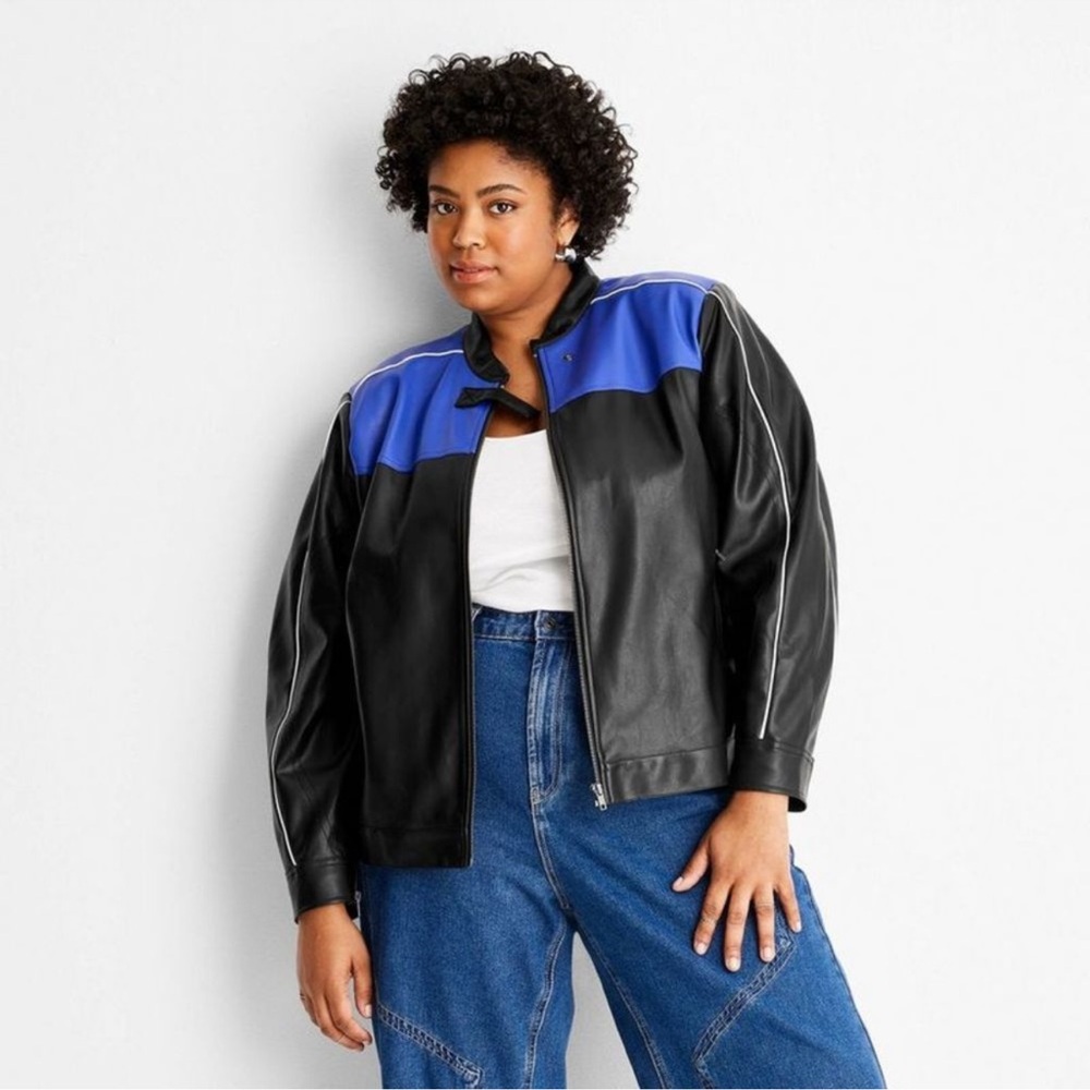 Future Collective with Reese Colorblock Faux Leather Moto Jacket Black And Blue